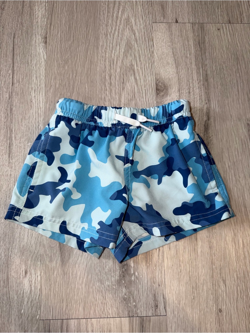 Boys Blue Camo Swim Trunks with Elastic Waist